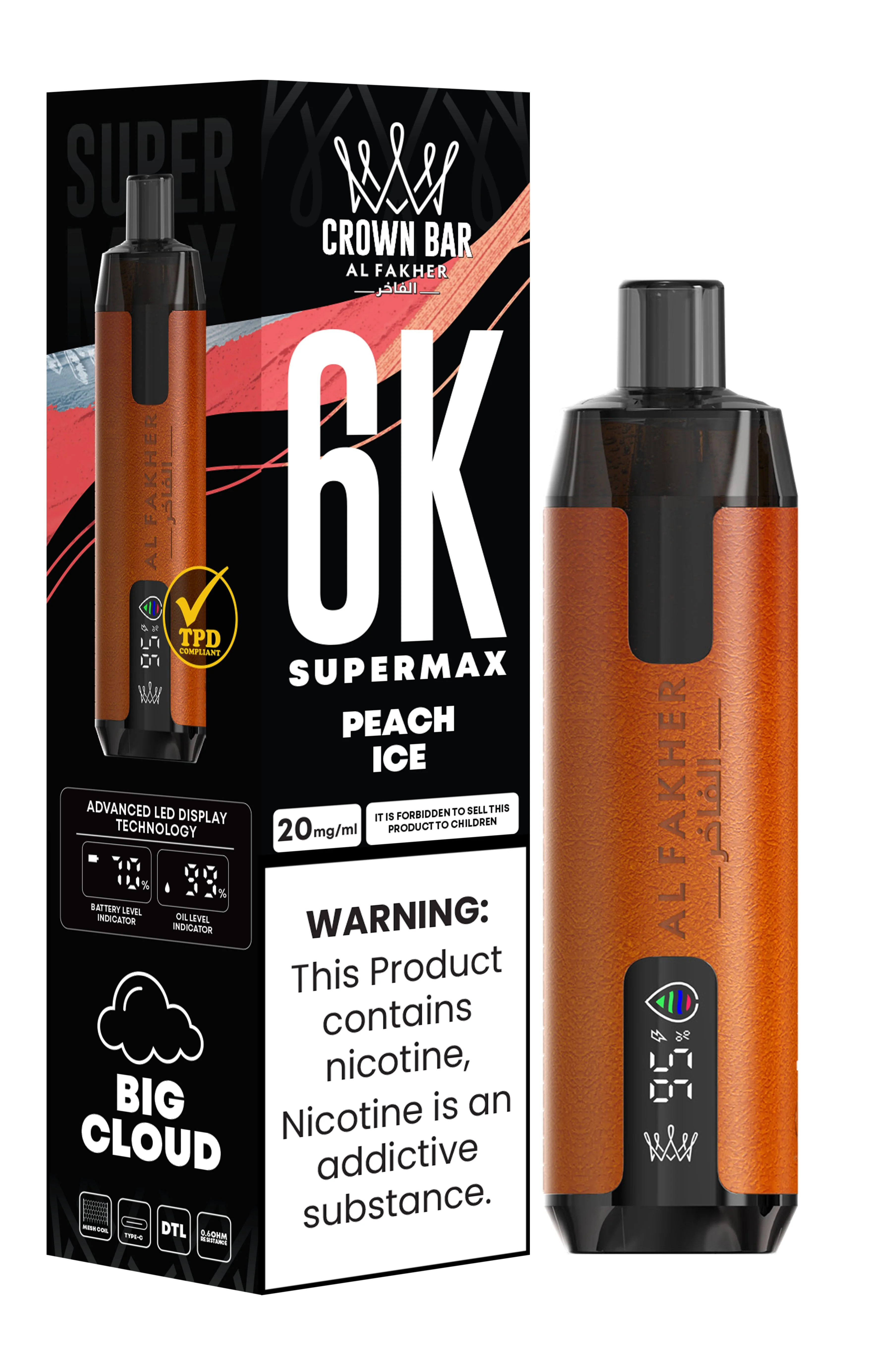 Al Fakher Crown Bar 6K Supermax Disposable Vape Kit - Peach Ice